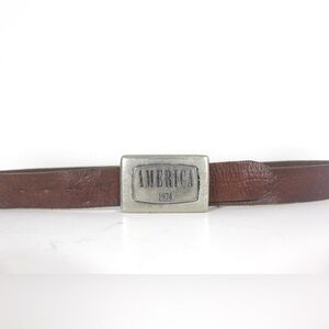 Distressed Brown Leather Belt with America 1974 Silver Buckle Made in Australia